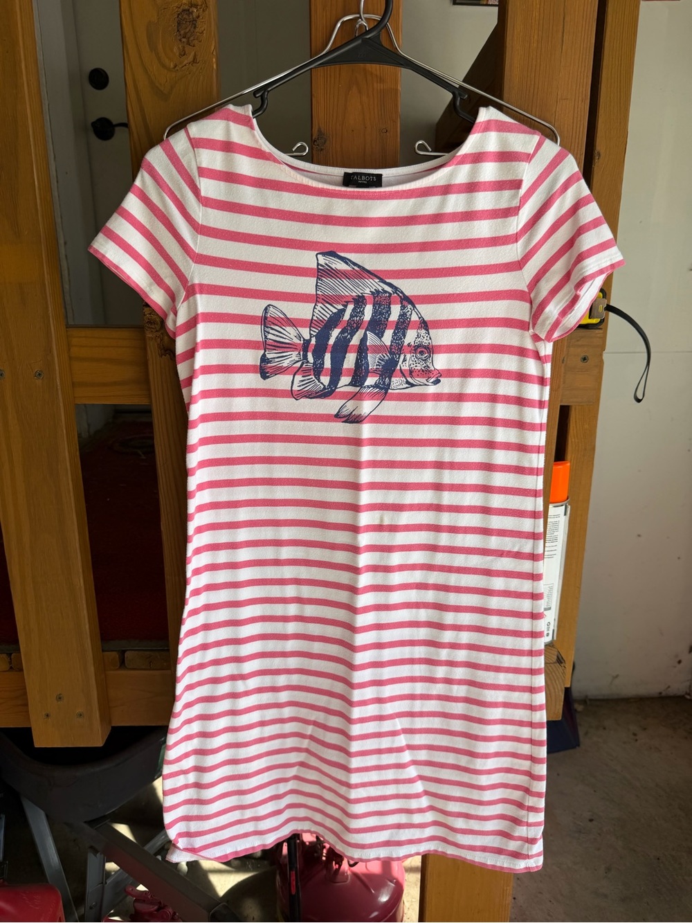 Talbots Pink and White Striped Tee with Navy Fish Detail